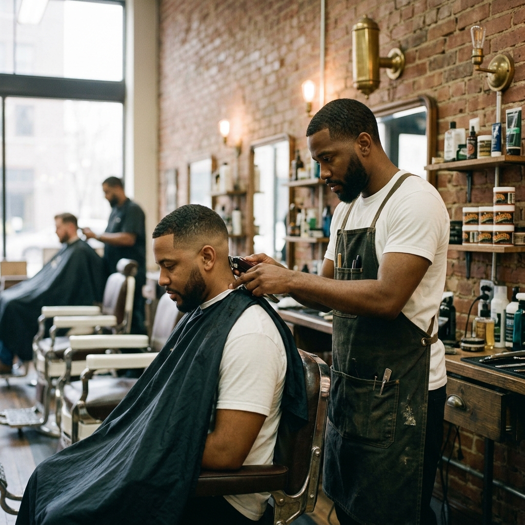 The Barber Chop main floor — vintage chairs, exposed brick, warm tungsten light