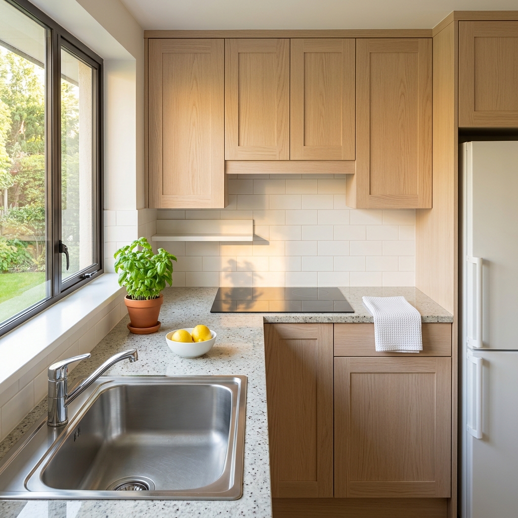 Same kitchen after Fresh Nest deep clean — polished stove, clear counters, gleaming sink