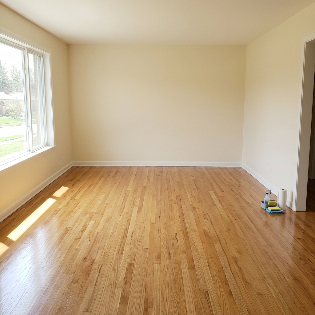 Same living room empty and spotless after a Fresh Nest move-out clean