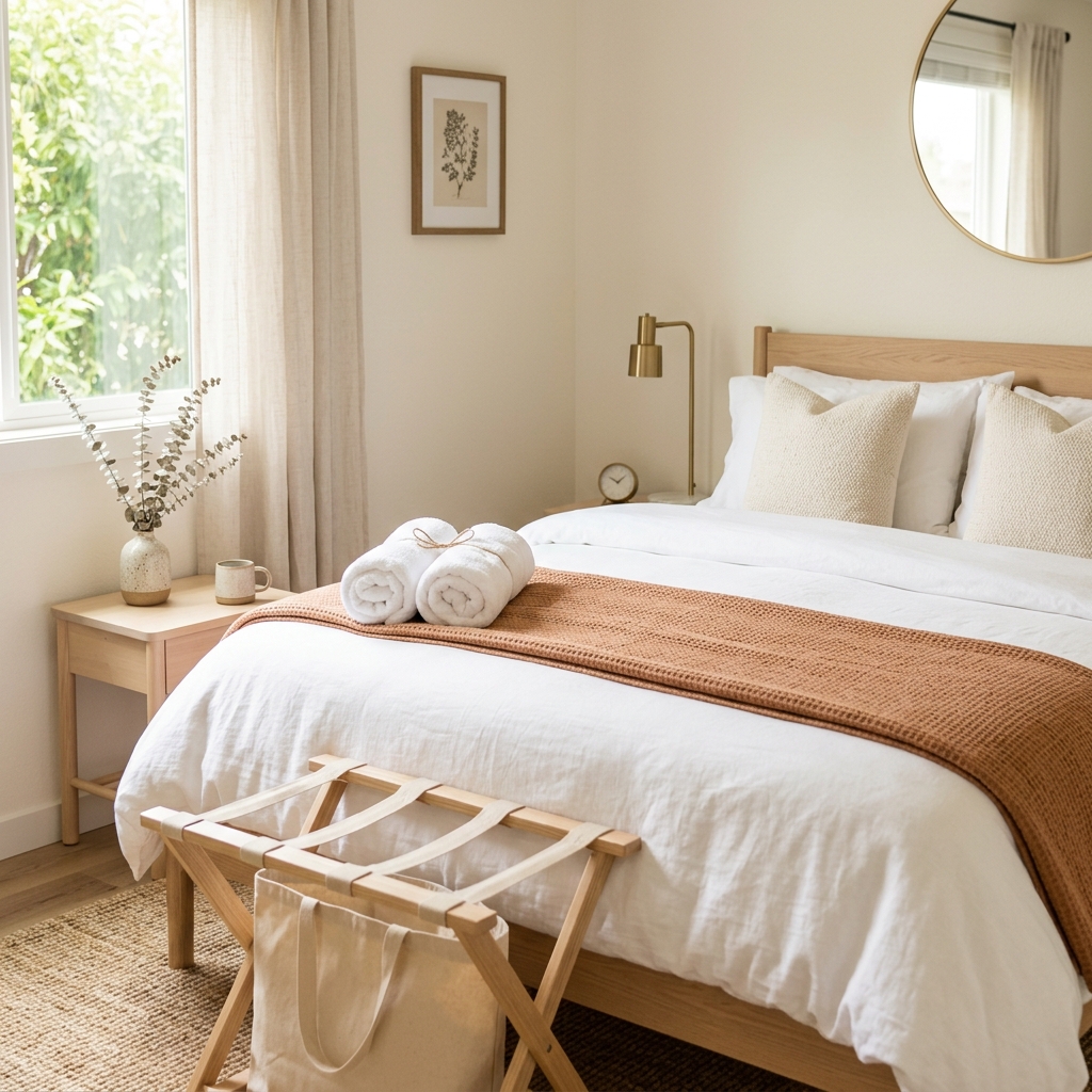 Staged Airbnb bedroom with fresh white linens after a Fresh Nest turnover