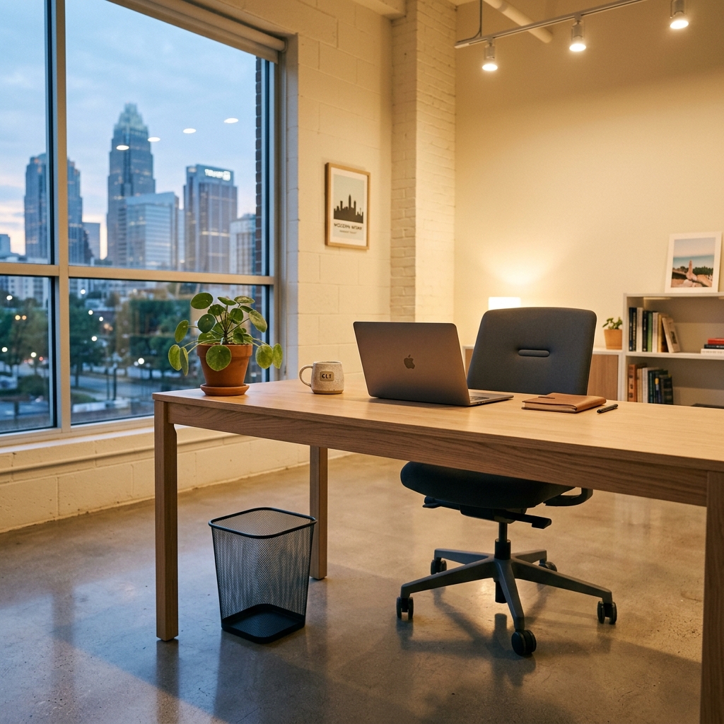 Small Charlotte office clean with polished desks and sanitized kitchenette