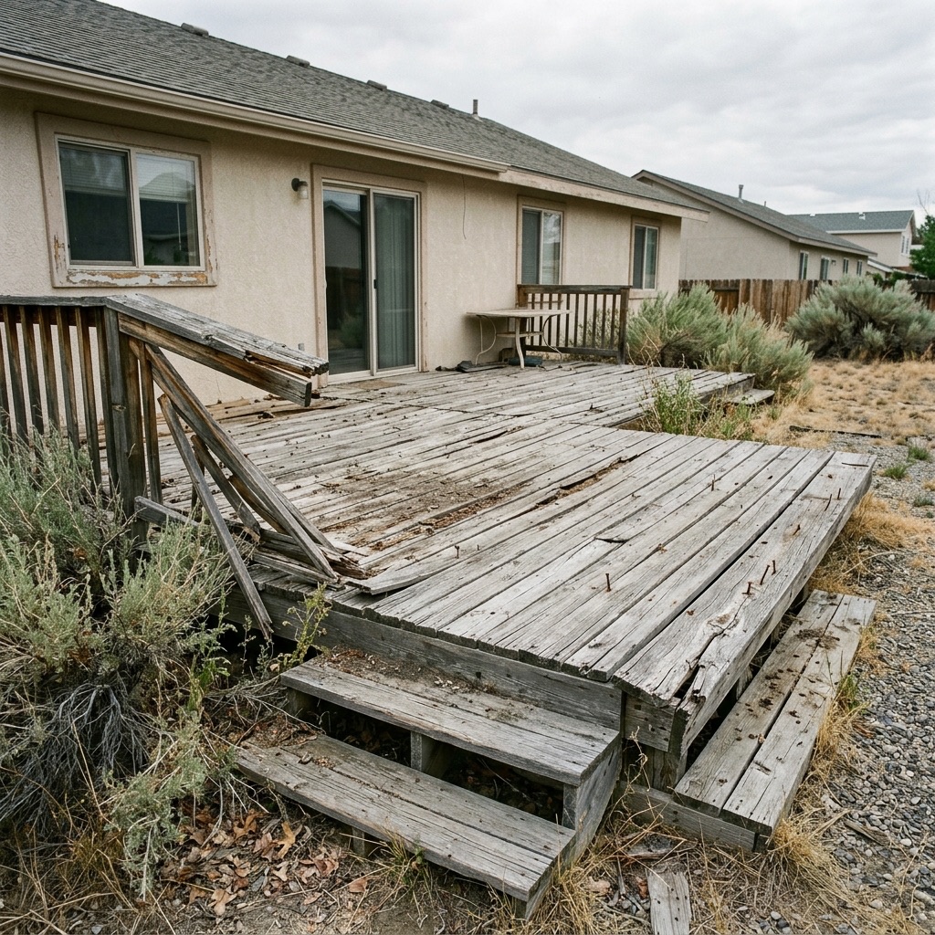 Before: collapsed cedar deck in Caughlin Ranch Reno needing handyman repair