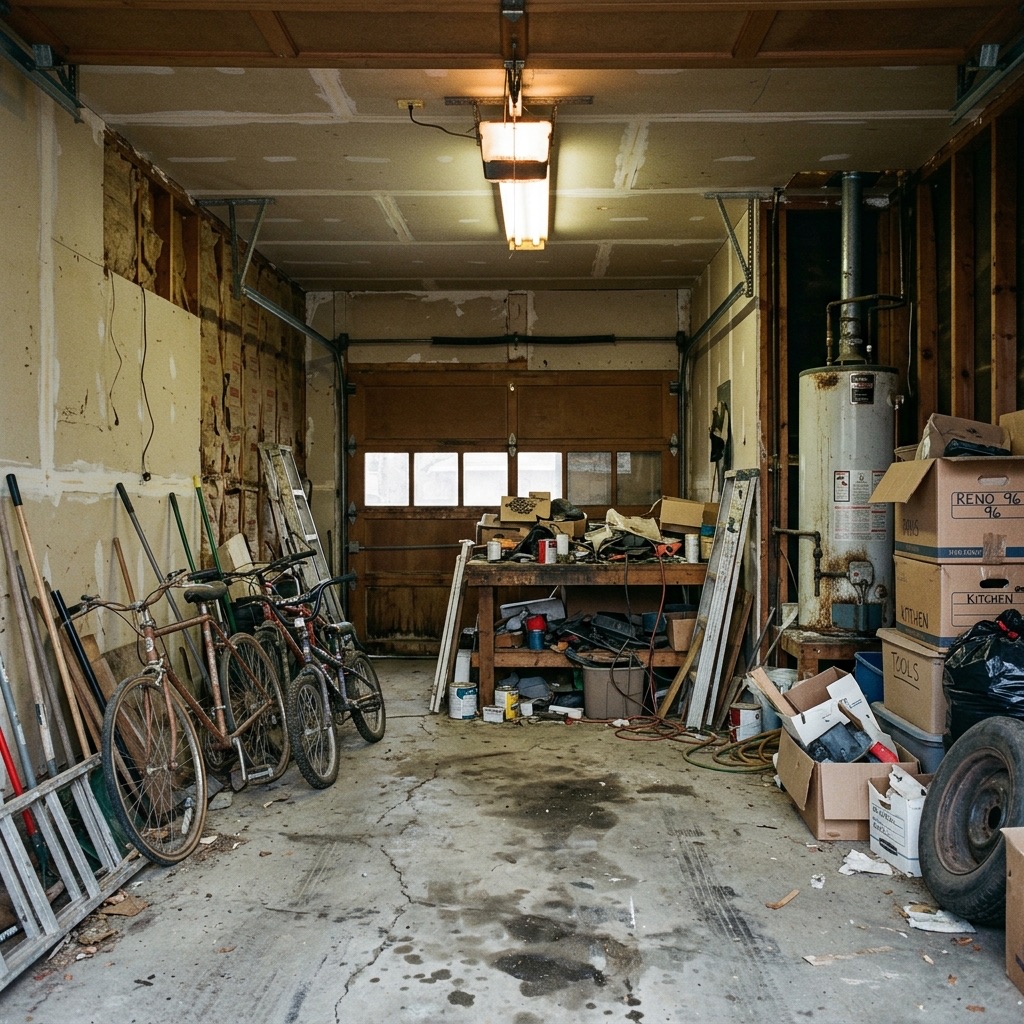 Before: cluttered garage in Old Southwest Reno before handyman remodel