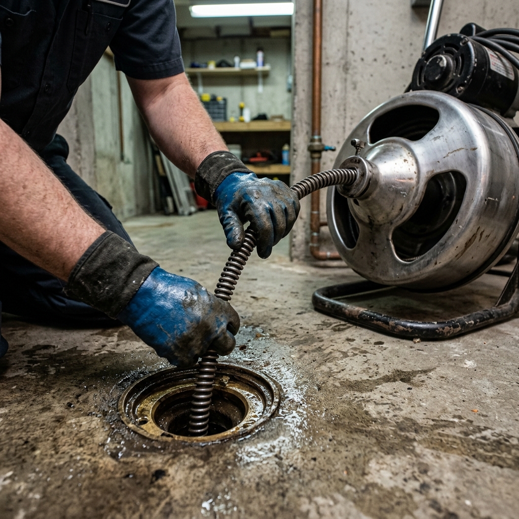 Plumber clearing a kitchen drain blockage