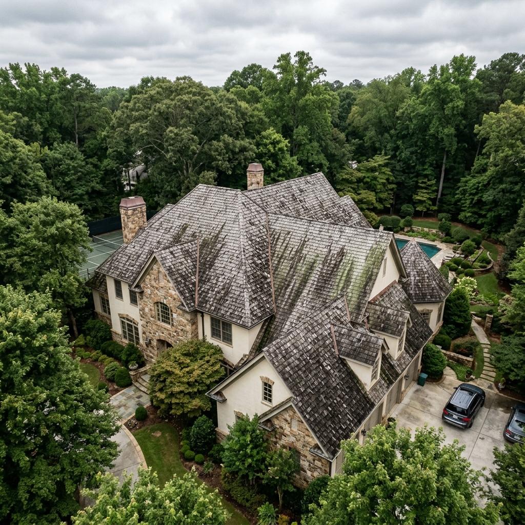 Before: aging cedar-shake roof on a Buckhead estate in Atlanta